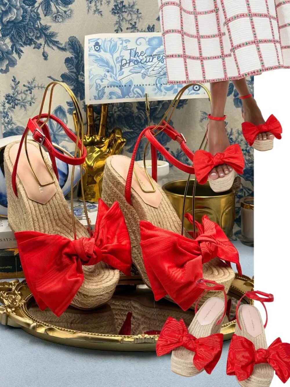 🆕 LOEFFLER RANDALL 🧿 NWOB Angelina Red Moiré Bow Wedge Espadrille, Sz 7